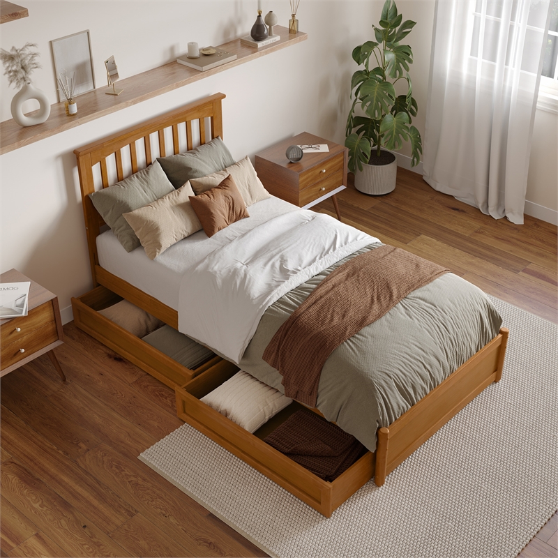 Everett Twin XL Wood Platform Bed with Panel Footboard & Drawers in Light Toffee