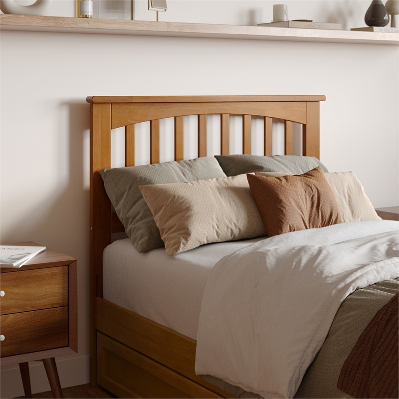 Everett Twin XL Wood Platform Bed with Panel Footboard & Drawers in Light Toffee