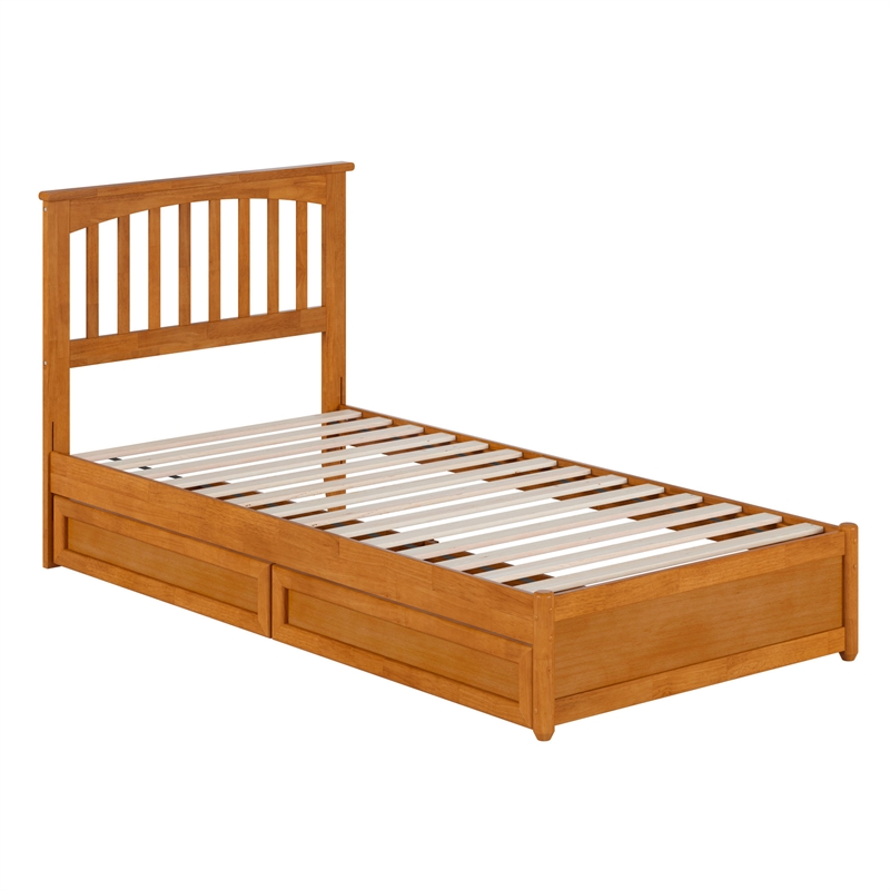 Everett Twin XL Wood Platform Bed with Panel Footboard & Drawers in Light Toffee