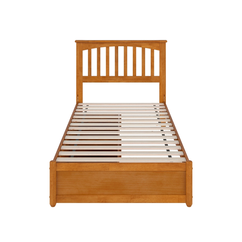 Everett Twin XL Wood Platform Bed with Panel Footboard & Drawers in Light Toffee