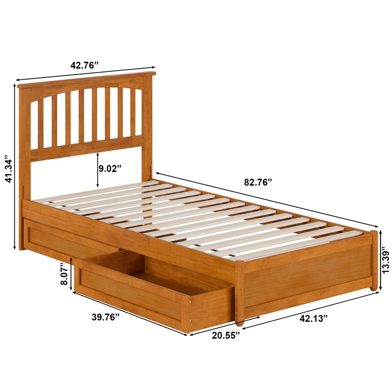 Everett Twin XL Wood Platform Bed with Panel Footboard & Drawers in Light Toffee