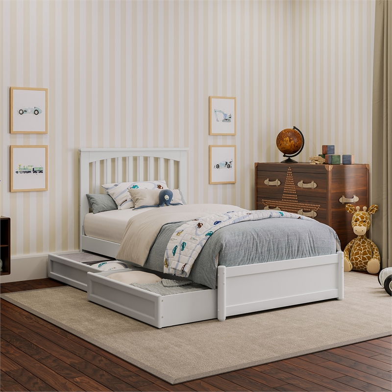 Everett Twin Wood Platform Bed with Panel Footboard and Storage Drawers in White