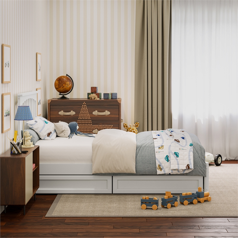 Everett Twin Wood Platform Bed with Panel Footboard and Storage Drawers in White