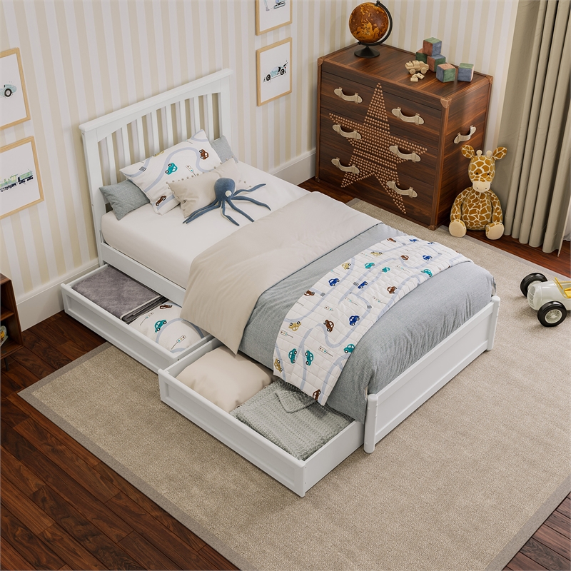 Everett Twin Wood Platform Bed with Panel Footboard and Storage Drawers in White