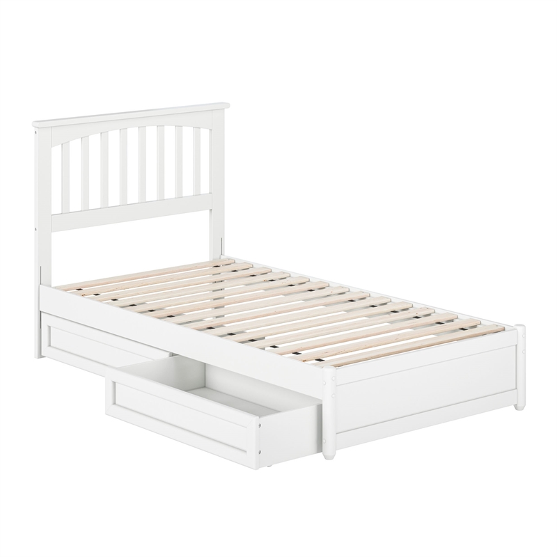 Everett Twin Wood Platform Bed with Panel Footboard and Storage Drawers in White