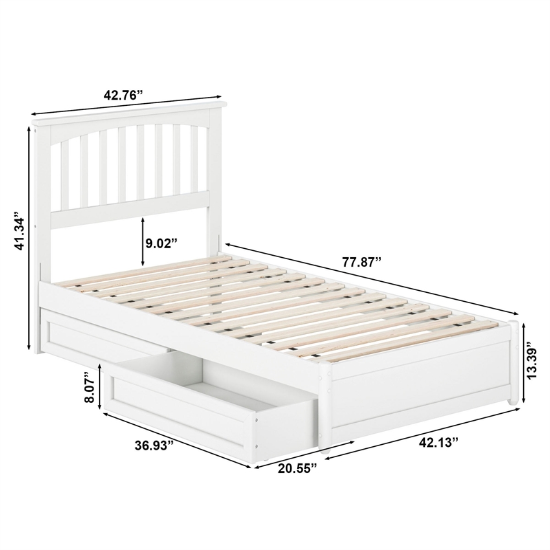 Everett Twin Wood Platform Bed with Panel Footboard and Storage Drawers in White