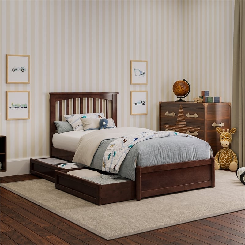 Everett Twin Wood Platform Bed with Panel Footboard & Storage Drawers in Walnut