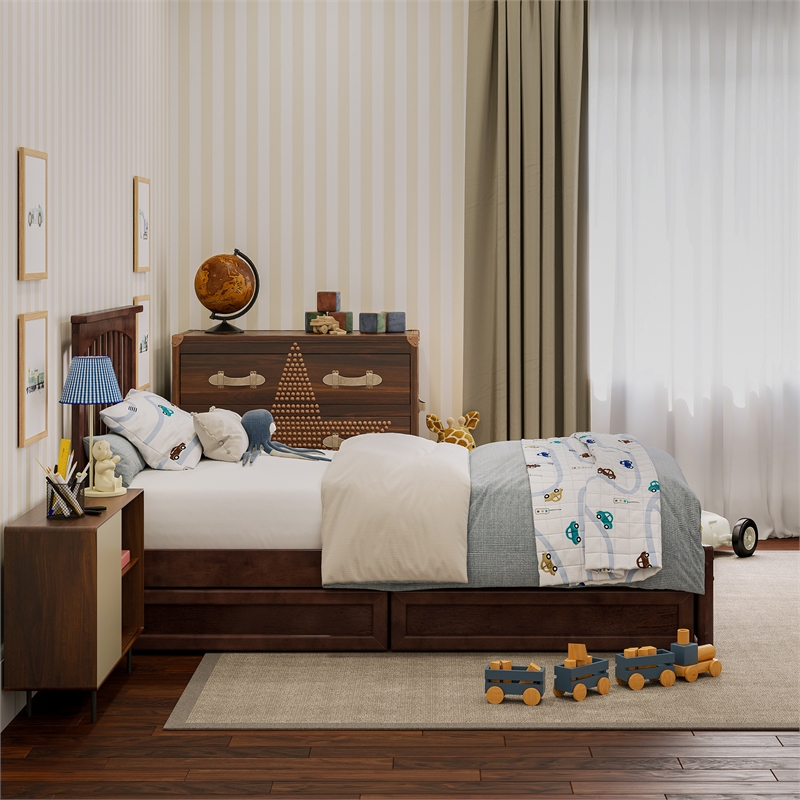 Everett Twin Wood Platform Bed with Panel Footboard & Storage Drawers in Walnut