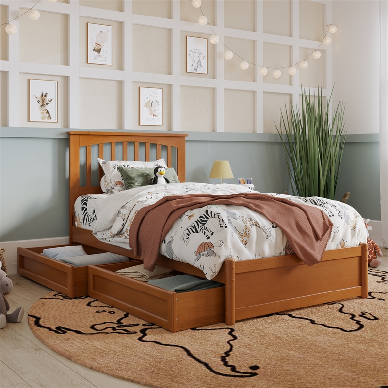 Everett Twin Wood Platform Bed with Panel Footboard & Drawers in Light Toffee