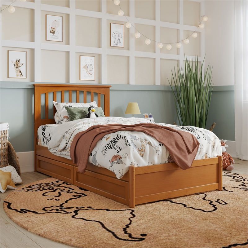 Everett Twin Wood Platform Bed with Panel Footboard & Drawers in Light Toffee