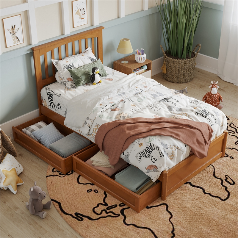 Everett Twin Wood Platform Bed with Panel Footboard & Drawers in Light Toffee