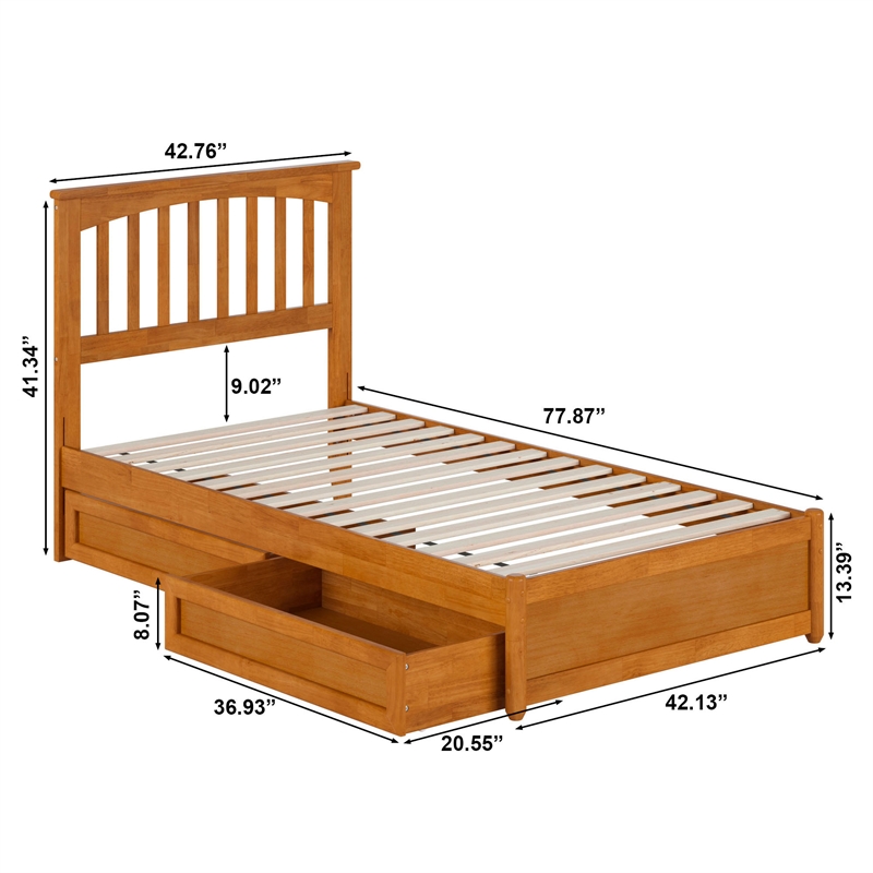 Everett Twin Wood Platform Bed with Panel Footboard & Drawers in Light Toffee