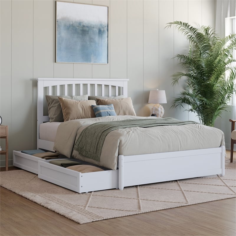 Everett Full Wood Platform Bed with Panel Footboard and Storage Drawers in White