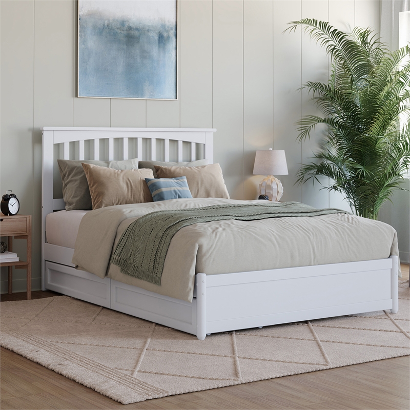Everett Full Wood Platform Bed with Panel Footboard and Storage Drawers in White
