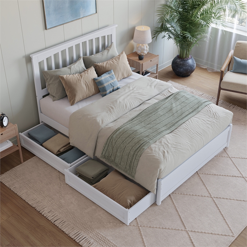 Everett Full Wood Platform Bed with Panel Footboard and Storage Drawers in White
