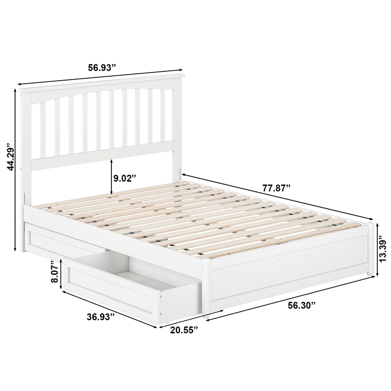 Everett Full Wood Platform Bed with Panel Footboard and Storage Drawers in White