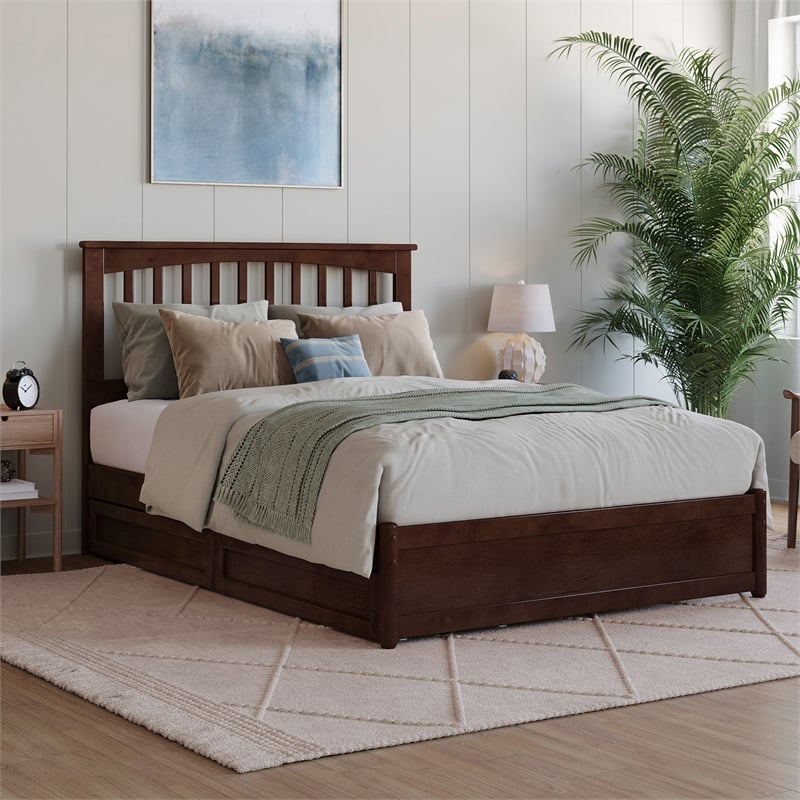 Everett Full Wood Platform Bed with Panel Footboard & Storage Drawers in Walnut
