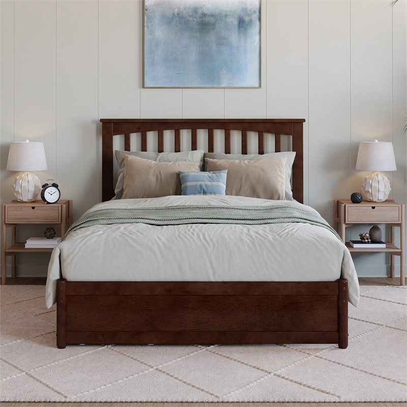 Everett Full Wood Platform Bed with Panel Footboard & Storage Drawers in Walnut