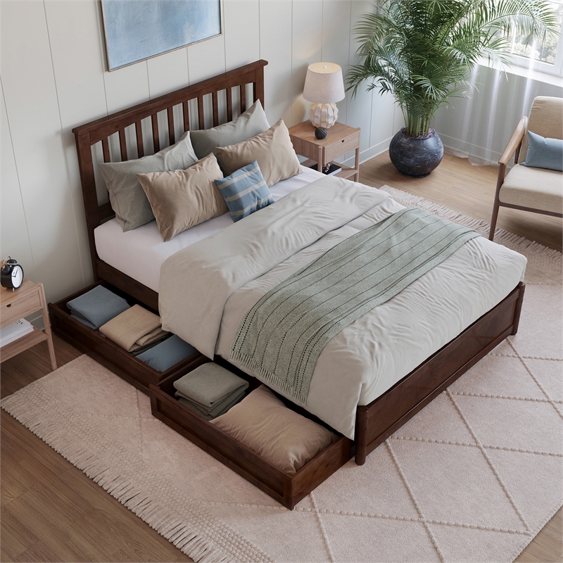 Everett Full Wood Platform Bed with Panel Footboard & Storage Drawers in Walnut