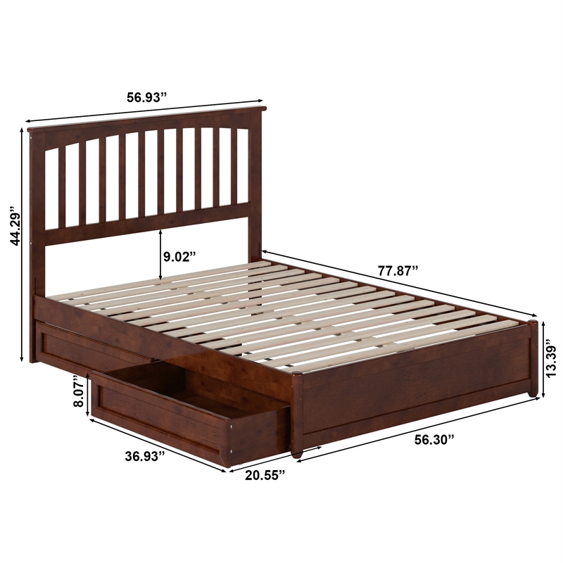 Everett Full Wood Platform Bed with Panel Footboard & Storage Drawers in Walnut