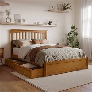 Everett Full Wood Platform Bed with Panel Footboard & Drawers in Light Toffee