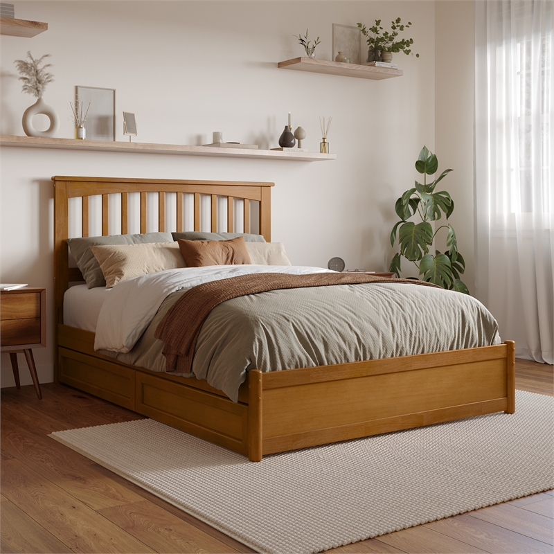 Everett Full Wood Platform Bed with Panel Footboard & Drawers in Light Toffee