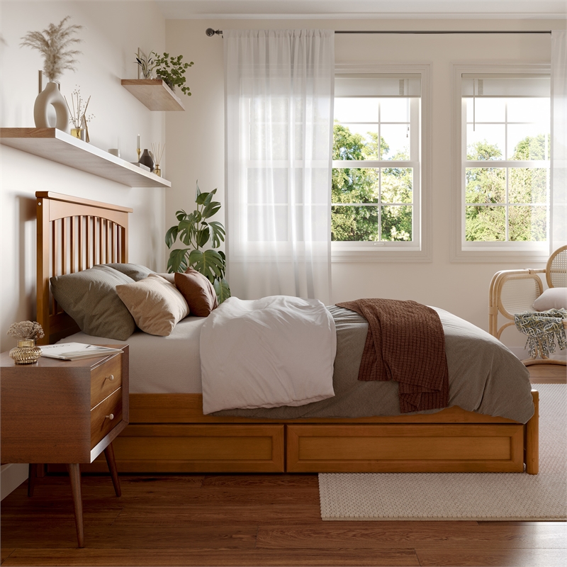 Everett Full Wood Platform Bed with Panel Footboard & Drawers in Light Toffee