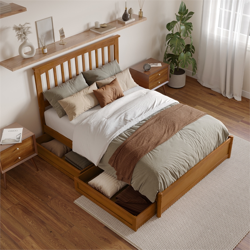 Everett Full Wood Platform Bed with Panel Footboard & Drawers in Light Toffee