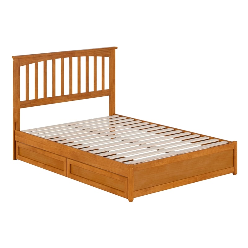 Everett Full Wood Platform Bed with Panel Footboard & Drawers in Light Toffee
