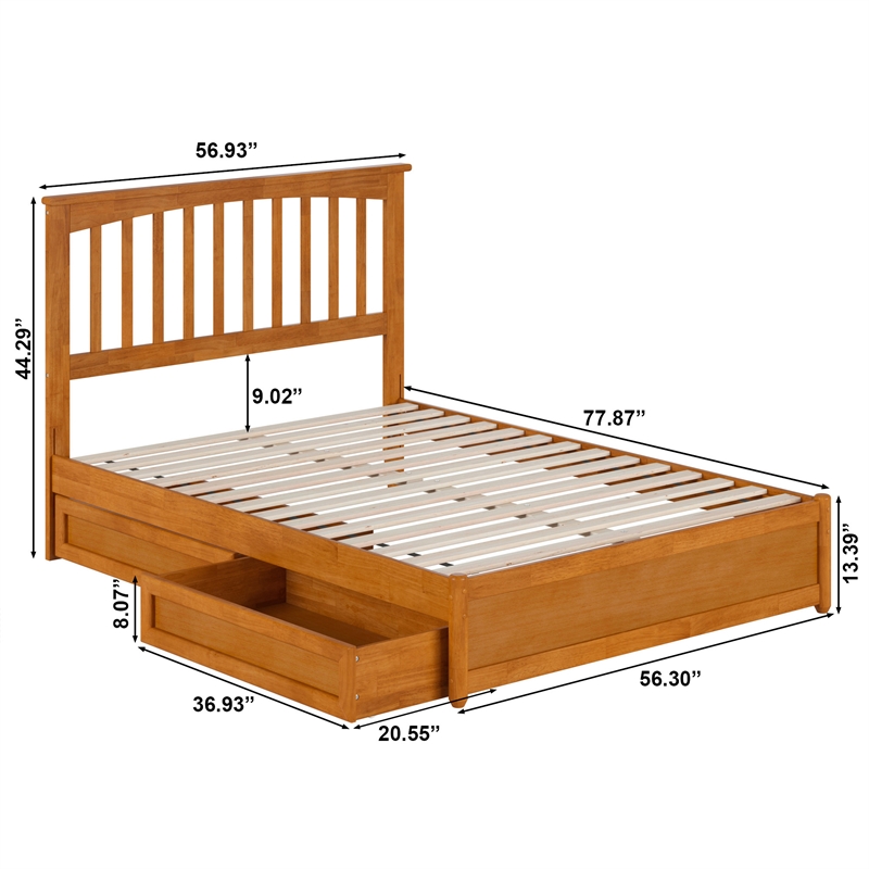Everett Full Wood Platform Bed with Panel Footboard & Drawers in Light Toffee