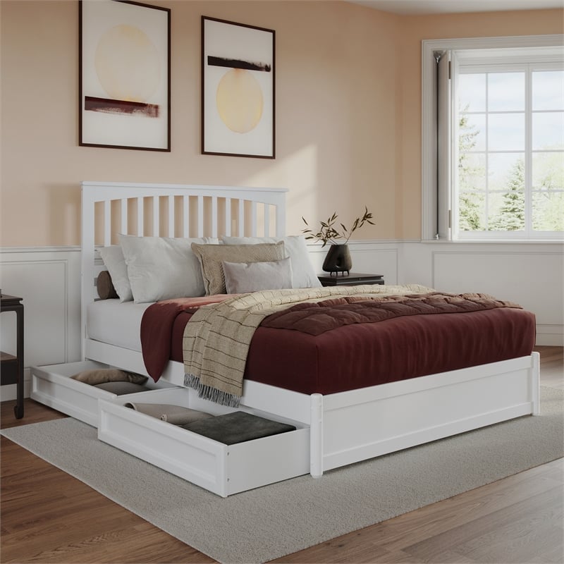 Everett Queen Wood Platform Bed with Panel Footboard & Storage Drawers in White
