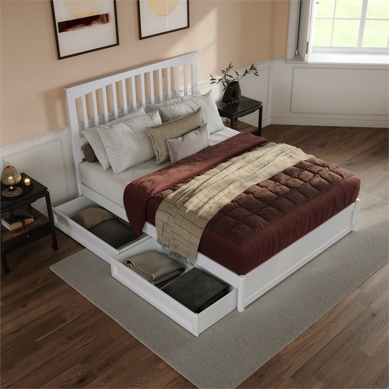Everett Queen Wood Platform Bed with Panel Footboard & Storage Drawers in White