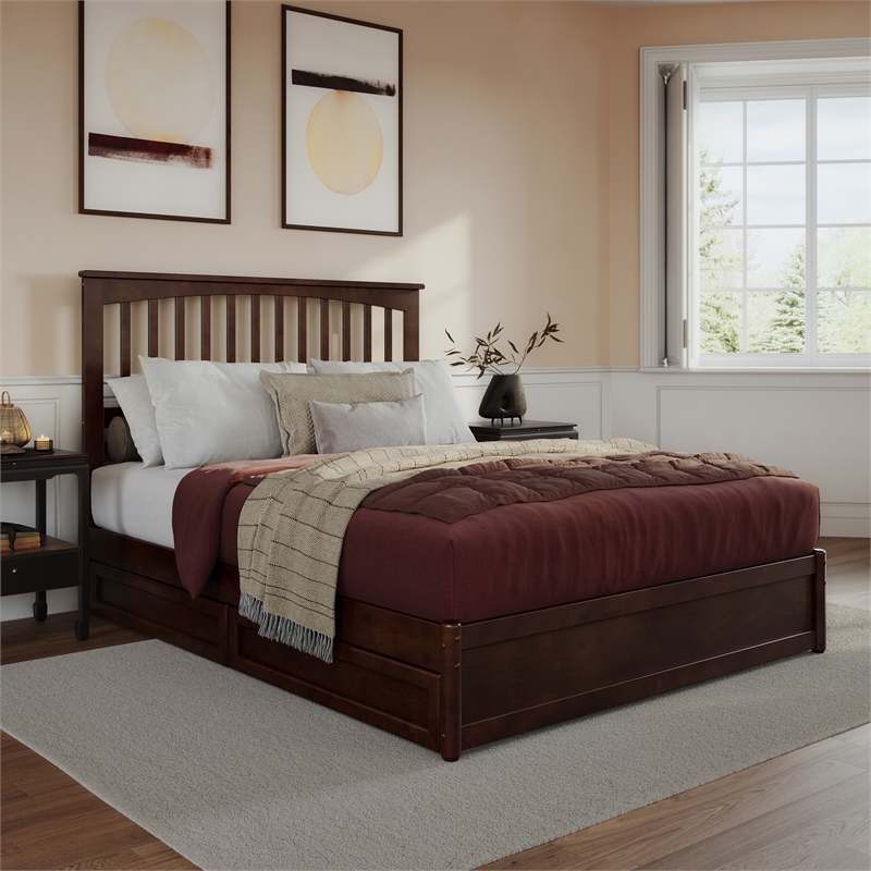 Everett Queen Wood Platform Bed with Panel Footboard & Storage Drawers in Walnut