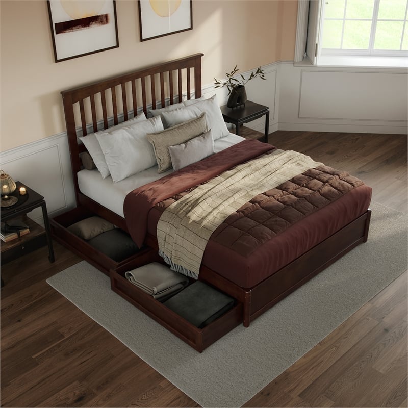 Everett Queen Wood Platform Bed with Panel Footboard & Storage Drawers in Walnut