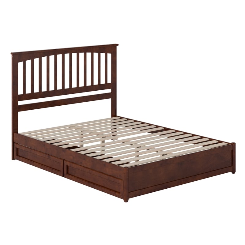 Everett Queen Wood Platform Bed with Panel Footboard & Storage Drawers in Walnut