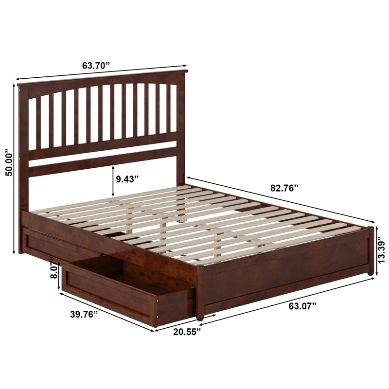 Everett Queen Wood Platform Bed with Panel Footboard & Storage Drawers in Walnut
