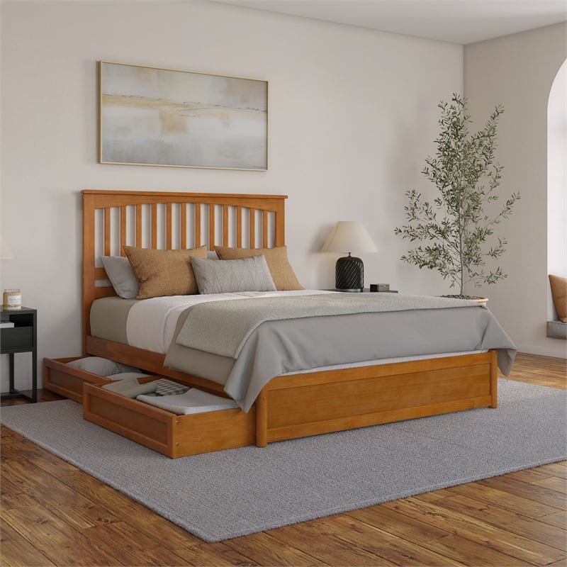 Everett Queen Wood Platform Bed with Panel Footboard & Drawers in Light Toffee