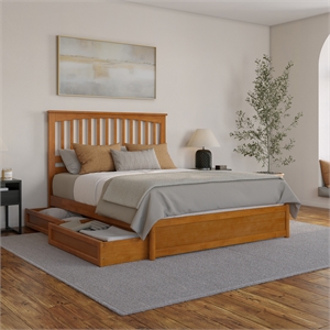 Everett Queen Wood Platform Bed with Panel Footboard & Drawers in Light Toffee