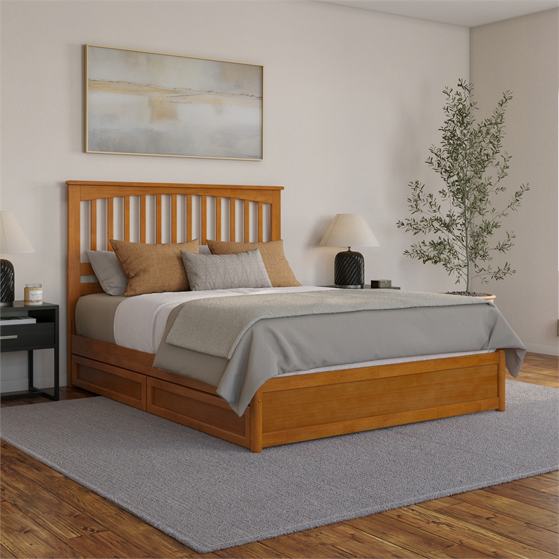 Everett Queen Wood Platform Bed with Panel Footboard & Drawers in Light Toffee