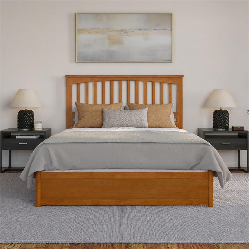 Everett Queen Wood Platform Bed with Panel Footboard & Drawers in Light Toffee
