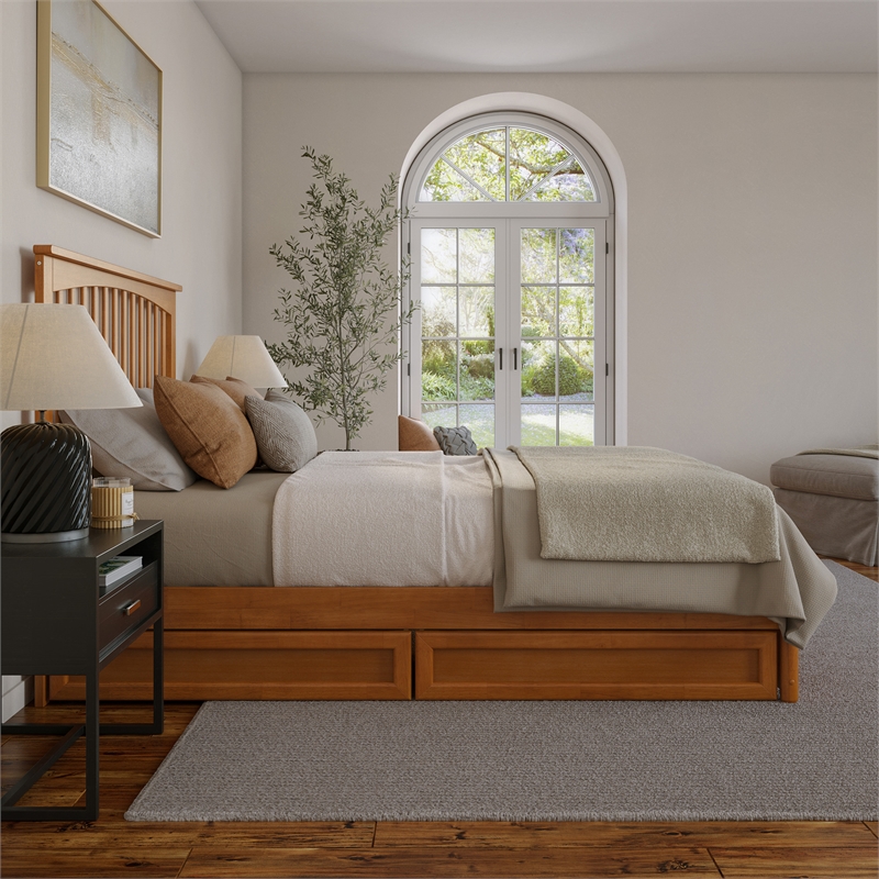 Everett Queen Wood Platform Bed with Panel Footboard & Drawers in Light Toffee