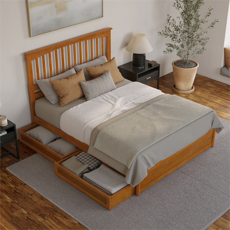 Everett Queen Wood Platform Bed with Panel Footboard & Drawers in Light Toffee