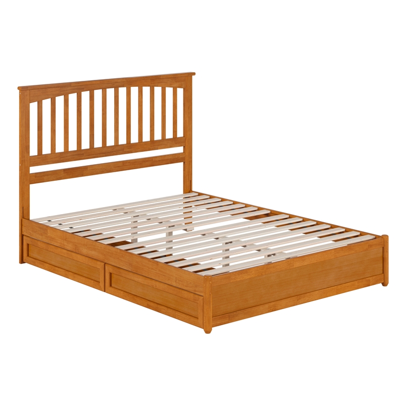 Everett Queen Wood Platform Bed with Panel Footboard & Drawers in Light Toffee