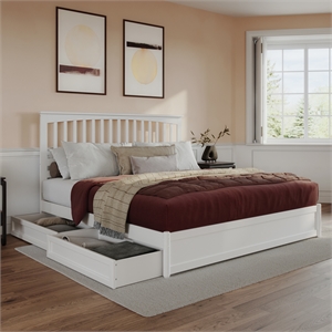 Everett King Wood Platform Bed with Panel Footboard and Storage Drawers in White