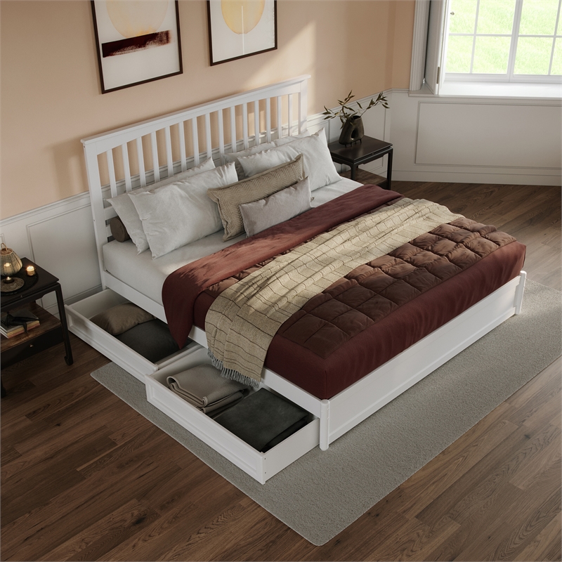 Everett King Wood Platform Bed with Panel Footboard and Storage Drawers in White