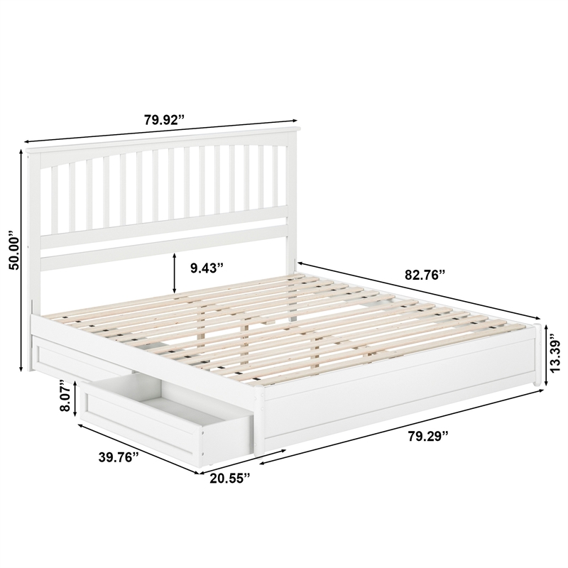 Everett King Wood Platform Bed with Panel Footboard and Storage Drawers in White