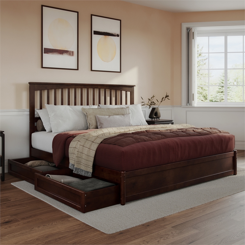 Everett King Wood Platform Bed with Panel Footboard & Storage Drawers in Walnut