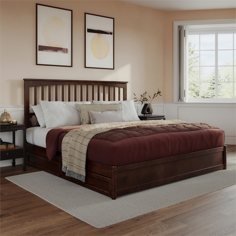 Everett King Wood Platform Bed with Panel Footboard & Storage Drawers in Walnut