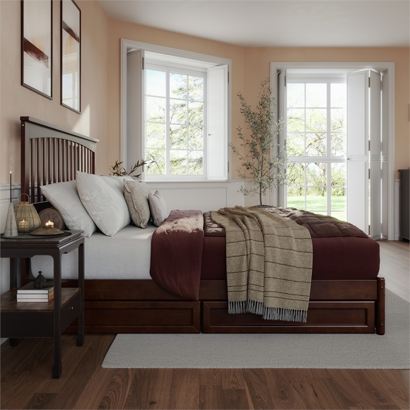 Everett King Wood Platform Bed with Panel Footboard & Storage Drawers in Walnut