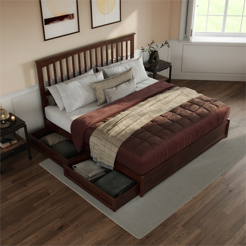 Everett King Wood Platform Bed with Panel Footboard & Storage Drawers in Walnut